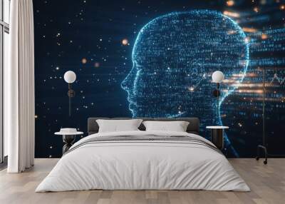 A digital representation of a human head made of glowing blue code with a dark background. Wall mural