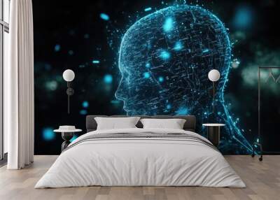 A digital representation of a human head with a wireframe design, illuminated with blue light and set against a dark background. Wall mural