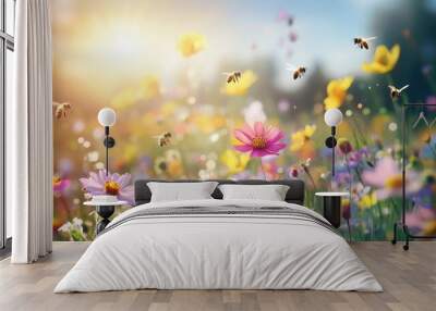 A field of vibrant wildflowers with bees buzzing around them in the warm sunlight. Wall mural