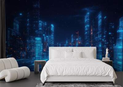 A futuristic city skyline at night with glowing blue and orange lights. Wall mural