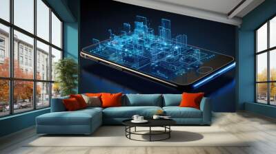 A futuristic city skyline emerges from a smartphone screen. Wall mural