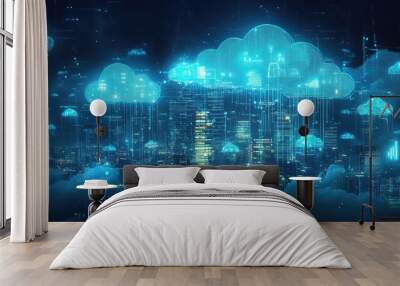 A futuristic city skyline with glowing cloud computing icons. Wall mural