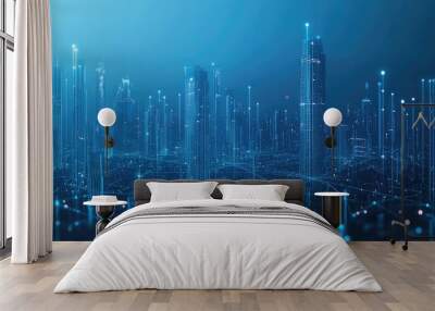 A futuristic cityscape with glowing lines connecting buildings. Wall mural