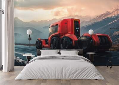 A futuristic red semi-trailer truck driving on a highway through a mountain pass, with a dramatic sunset in the background. Wall mural