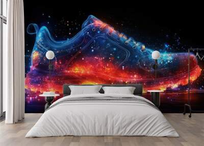 A glowing, transparent sneaker with red and blue lights. Wall mural