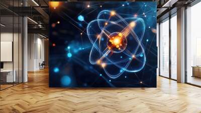 A glowing atomic structure with a central nucleus surrounded by orbiting electrons. The atom is shown against a dark background with a network of lines and dots. Wall mural