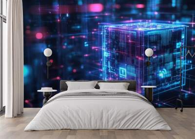 A glowing blue and red cube with circuits, lines, and data flow patterns in the background. Wall mural