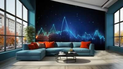 A glowing blue line chart on a black background with a grid pattern and sparkling particles, representing data visualization and growth. Wall mural