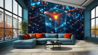 A glowing cube with a network of lines and dots, abstract digital background. Wall mural