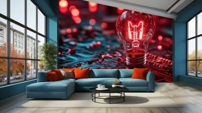 A glowing light bulb sits on a circuit board, representing innovation and new ideas. Wall mural