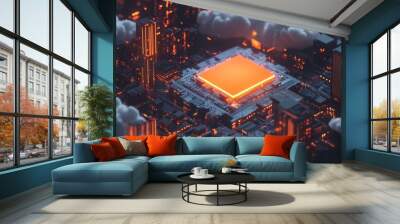 A glowing orange square, representing a CPU, sits in the center of a futuristic cityscape. Wall mural