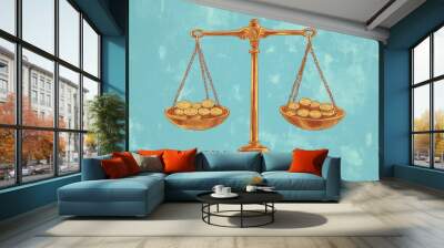 A gold scale with two baskets filled with gold coins, balanced, on a blue background. Wall mural