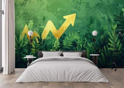 A golden arrow pointing upwards emerges from lush green foliage, symbolizing growth and progress. Wall mural