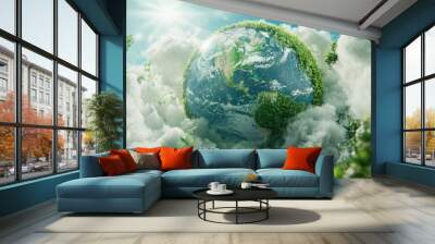 A green, lush Earth surrounded by fluffy clouds and a bright sun, symbolizes a healthy and sustainable future. Wall mural