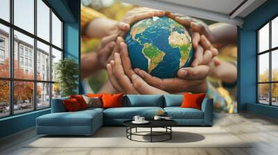 A group of children holding hands and forming a circle around a globe,save clean planet, ecology concept Wall mural