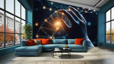 A hand gently cradles a glowing, digital DNA helix against a dark background with connected glowing dots. Wall mural