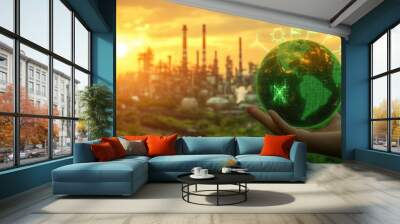 A hand holding a green globe with sustainability icons, with a factory in the background. Wall mural