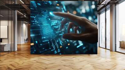 A hand interacts with a digital interface showing data and a digital globe. Wall mural