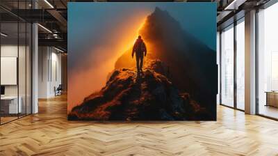 A lone hiker ascends a mountain ridge bathed in golden light, with a dramatic fog-filled sky. Wall mural