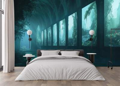 A long, dark tunnel with arched walls and windows showcasing lush green landscapes. Wall mural