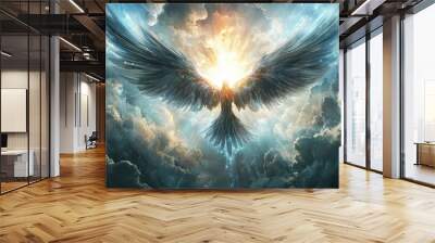 A majestic bird with large wings soars through a sky filled with dramatic clouds and beams of light. Wall mural