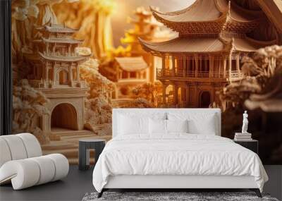 A meticulously crafted wooden model of a traditional Chinese village, with intricate details and a warm, golden glow. Wall mural