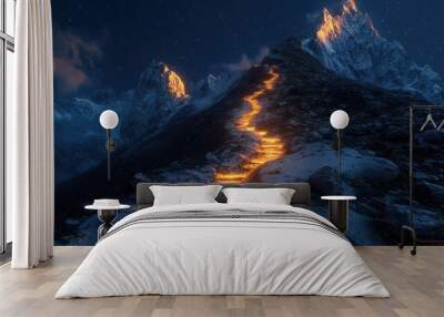 A mystical staircase of light leads up a snowy mountain peak under a starry night sky. Wall mural