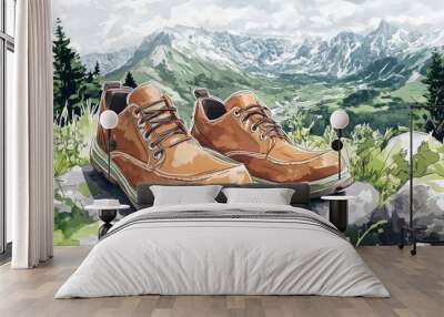 A pair of brown leather hiking boots on a rocky outcrop with a mountain range and valley in the background. Wall mural