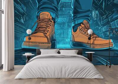 A pair of brown sneakers standing on a futuristic, glowing blue surface. Wall mural