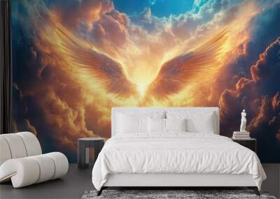 A pair of large golden wings emerge from a bright light in the clouds, symbolizing hope, faith, and spiritual power. Wall mural