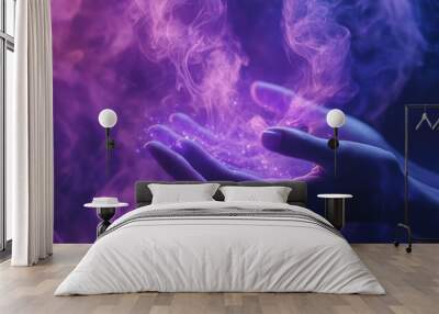 A pair of open hands with glowing purple and pink light emanating from them with smoke in the background. Wall mural