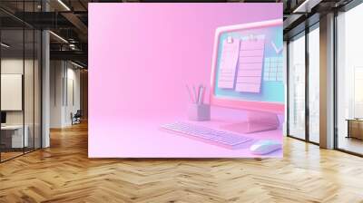 A pastel pink and blue computer with a checklist, a keyboard, a mouse, a can, and pencils on a desk. Wall mural