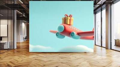 A red cartoon airplane flies through the clouds with a wrapped gift on top. Wall mural