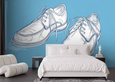 A sketch of a pair of white leather shoes with laces on a blue background. Wall mural