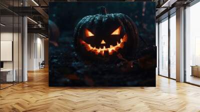 A trio of glowing jack-o'-lanterns, with menacing smiles, sit in a dark, wet forest. Their eyes glow with an eerie light. Wall mural