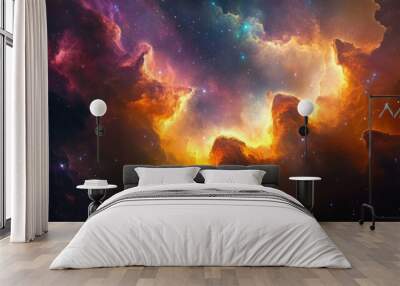 A vibrant nebula with glowing gas clouds and scattered stars, creating a cosmic landscape. Wall mural