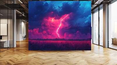 A vibrant pink and blue sky with a lightning bolt striking a field of grass. Wall mural