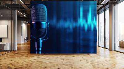 A vintage microphone in a recording studio with a blue sound wave in the background. Wall mural