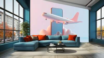 A white airplane with a red tail fin takes off from a smartphone screen, surrounded by white clouds in a pink and blue gradient background. Wall mural