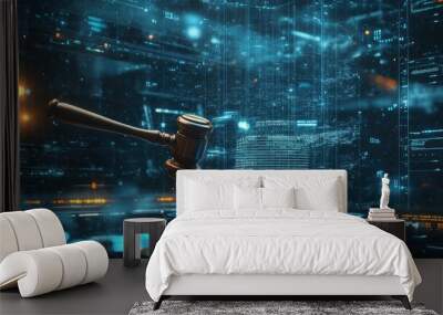 A wooden gavel with a glowing effect sits in a futuristic digital environment. Wall mural