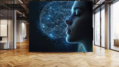 A young woman's profile with a glowing orb of interconnected lines behind her, symbolizing the network of thought and knowledge within the human mind. Wall mural