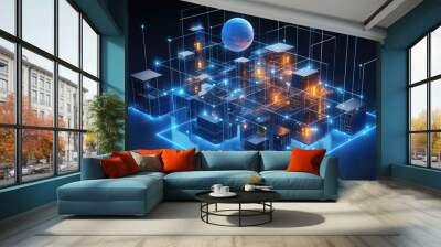 Abstract 3D illustration of a network of glowing cubes with a sphere floating above. Wall mural