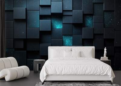 Abstract blue and black 3D digital background of cubes. Wall mural