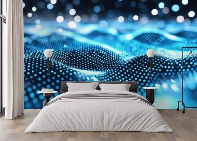 Abstract blue digital wave with glowing dots and bokeh background. Wall mural