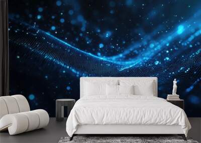 Abstract blue digital wave with glowing particles on black background. Wall mural