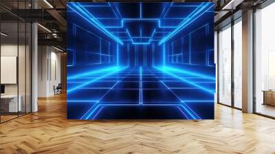 Abstract blue glowing lines in a dark background creating a futuristic hallway, digital space, or cyberspace theme. Wall mural