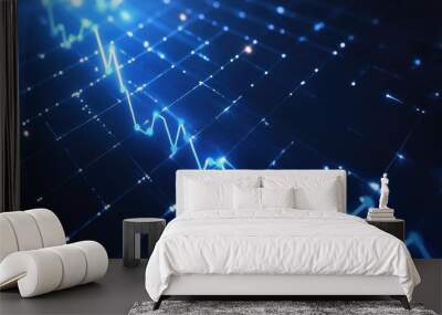 Abstract blue glowing lines on a dark grid background. Wall mural