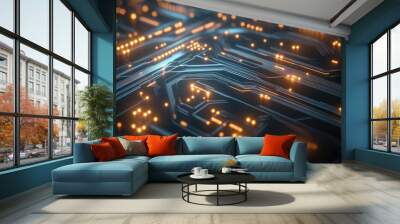 Abstract Circuit Board with Glowing Lights. Wall mural