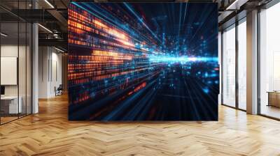 Abstract digital background with glowing lines and binary code. Wall mural