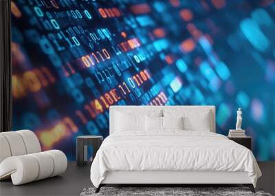 Abstract digital binary code background with blue and orange glowing numbers. Wall mural